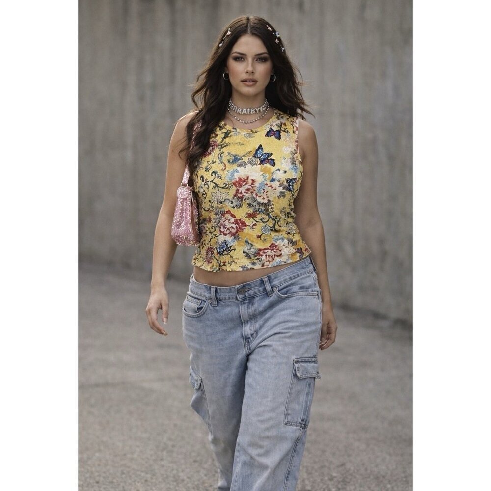 Yellow Floral Butterfly Top Sz XL Sleeveless 90s Fairy Beaded 2000s Grunge Y2K